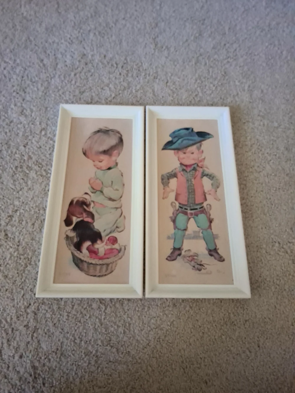 1970’s Two Sedona Framed Prints: Boy Cowboy and Boy Praying w/Puppy 16.5